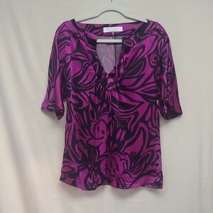Trina Turk 100% Silk Purple and Black Abstract V Neck Blouse Date Night